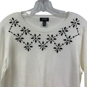 Jones New York Long Sleeve Round Neck HolidayWhite Sweater, Black Rhinestones, S